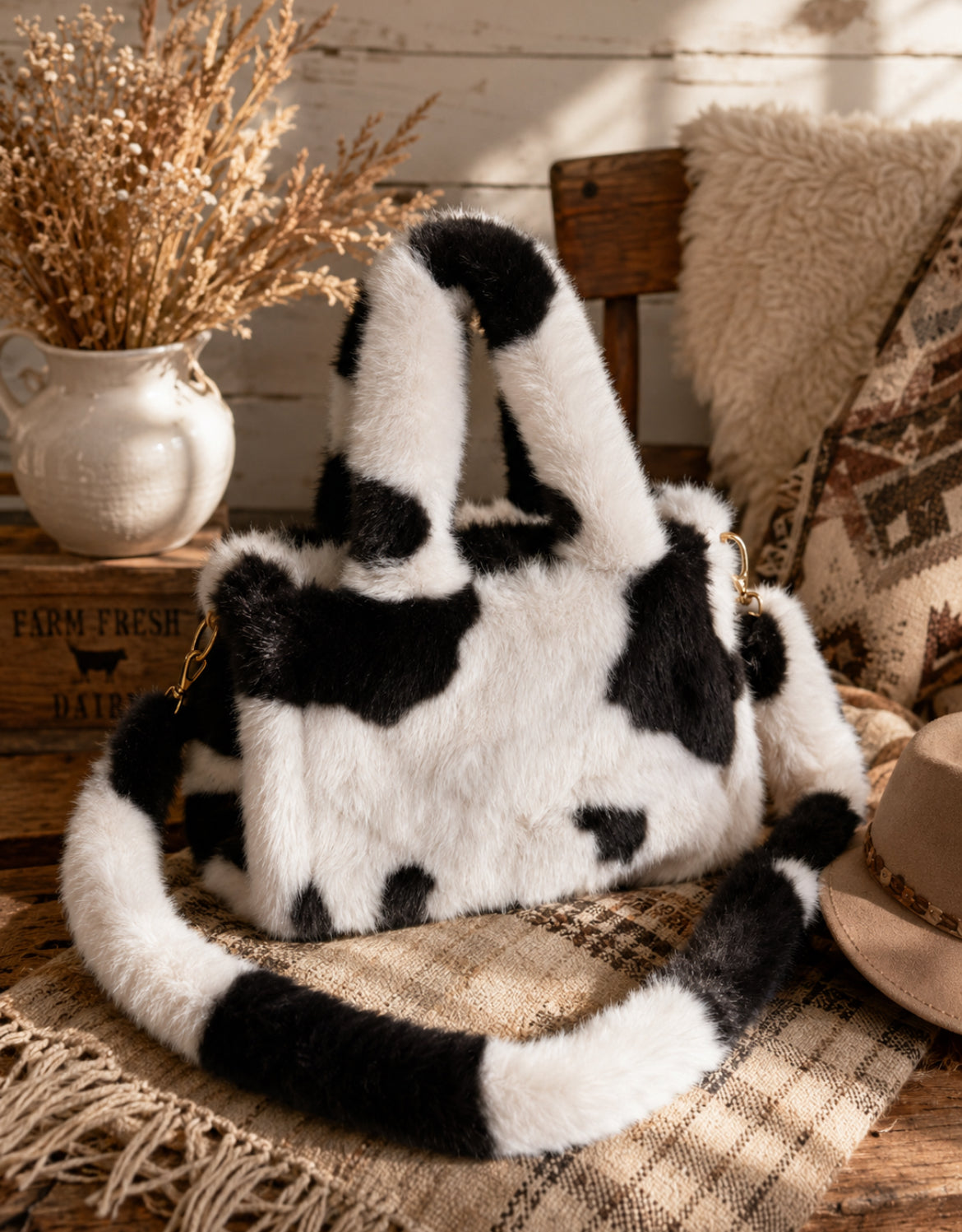 Sac en fausse fourrure Douceur Sauvage – Vache noir & blanc ou Léopard gris