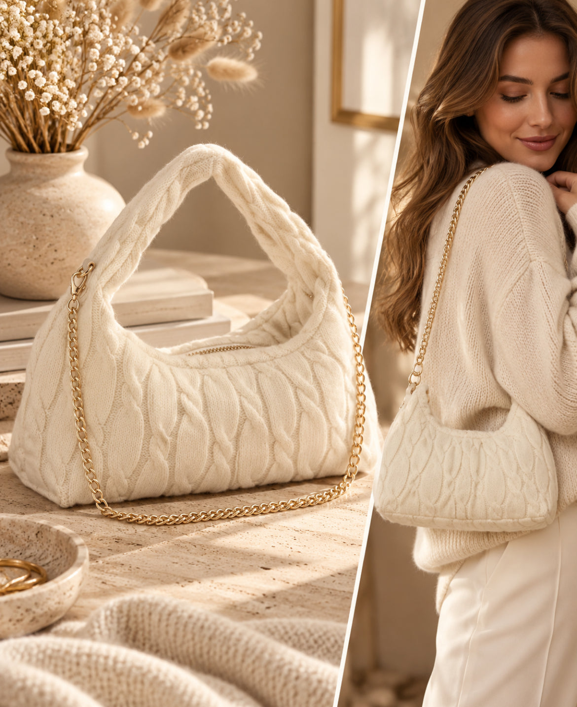 Sac à main effet maille tressée avec chaîne bandoulière – 4 coloris