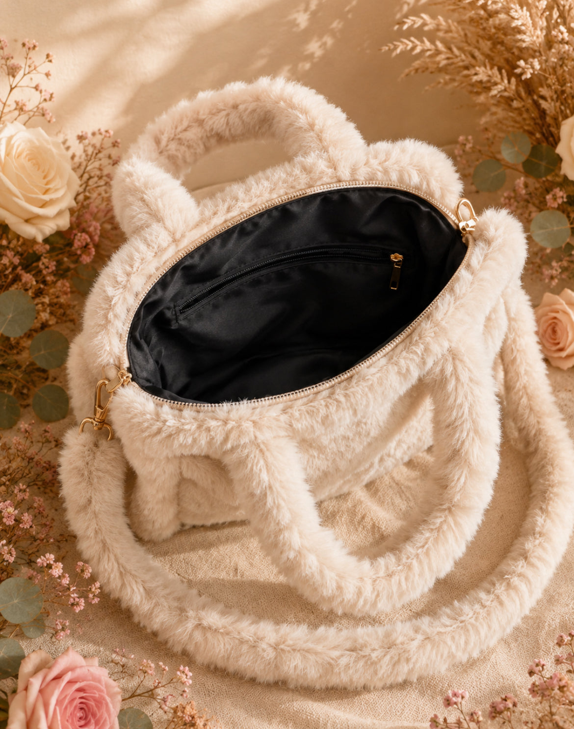 Sac Mila femme en fausse fourrure unie – Bandoulière détachable