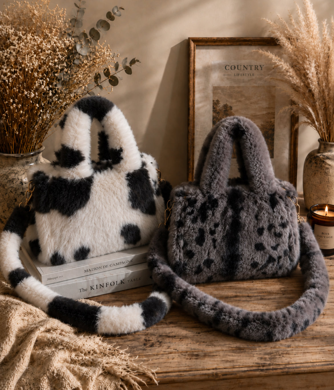 Sac en fausse fourrure Douceur Sauvage – Vache noir & blanc ou Léopard gris