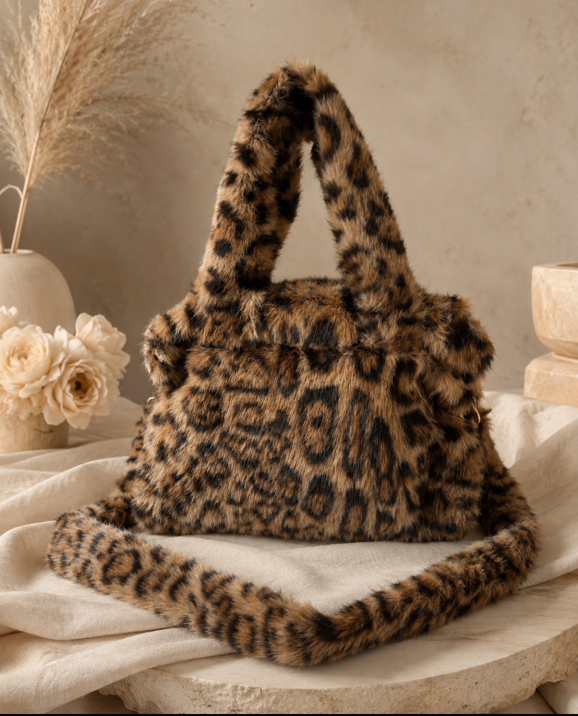 Sac Sienna femme en fausse fourrure léopard – Bandoulière détachable
