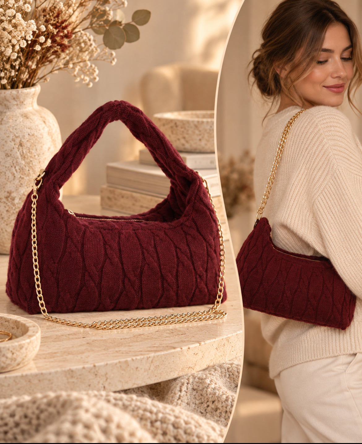 Sac à main effet maille tressée avec chaîne bandoulière – 4 coloris