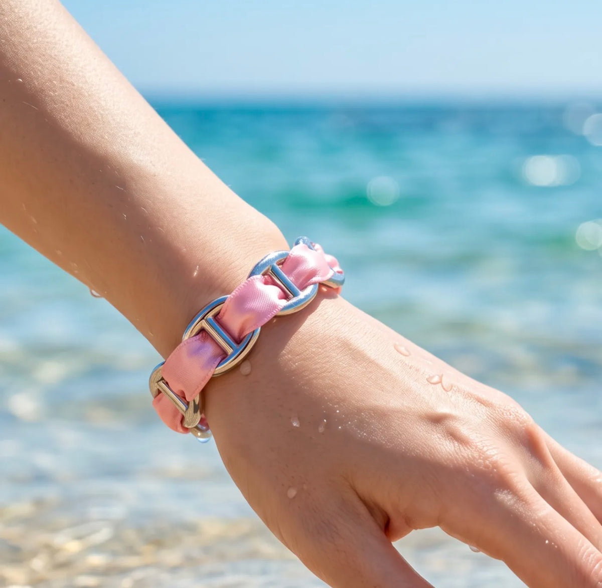 Jonc Riviera Argenté – Maille marine & ruban coloré en acier inoxydable