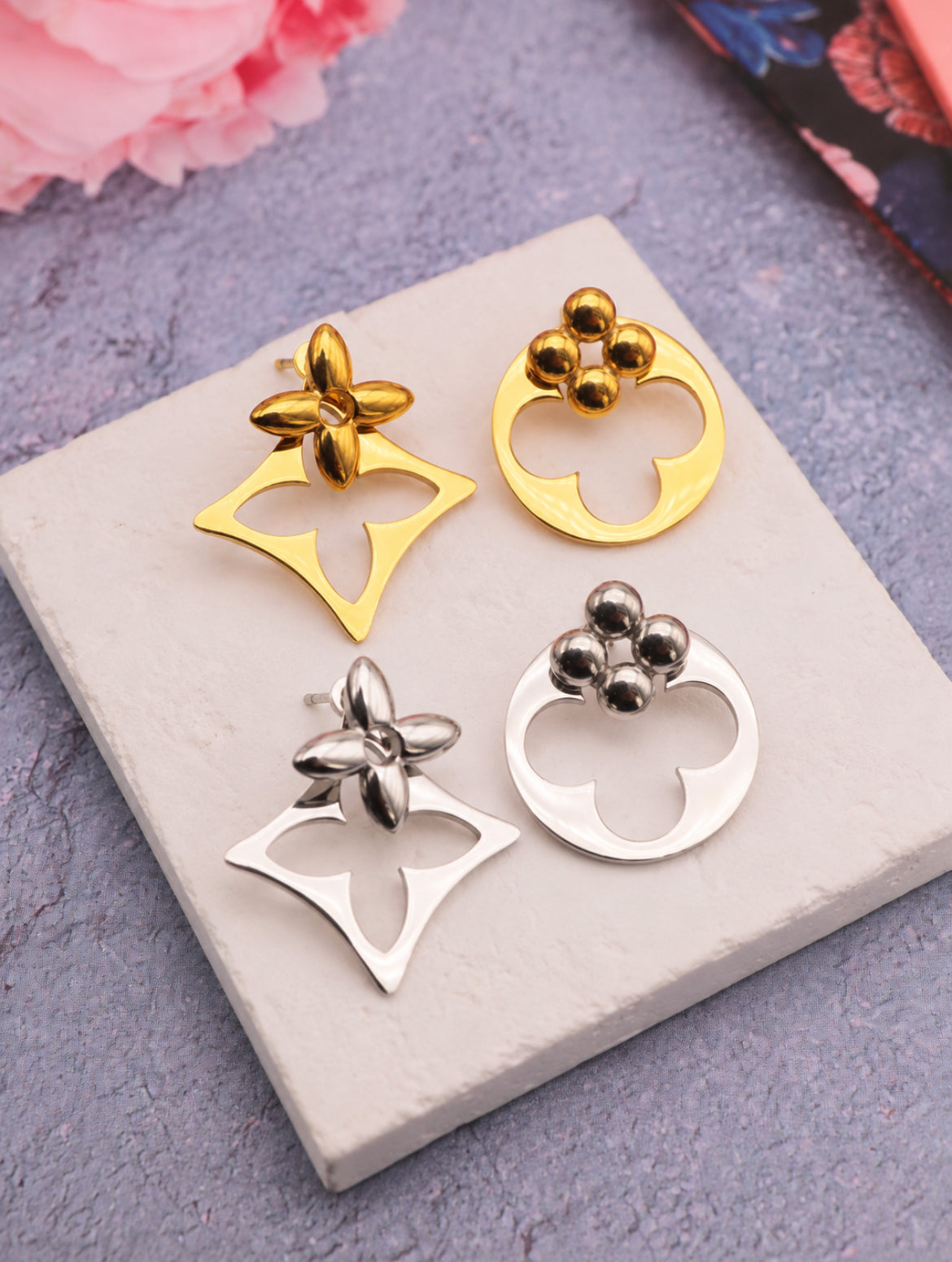 Boucles d’oreilles « Duo Fleur » – Modulables – Acier inoxydable – Doré ou Argenté