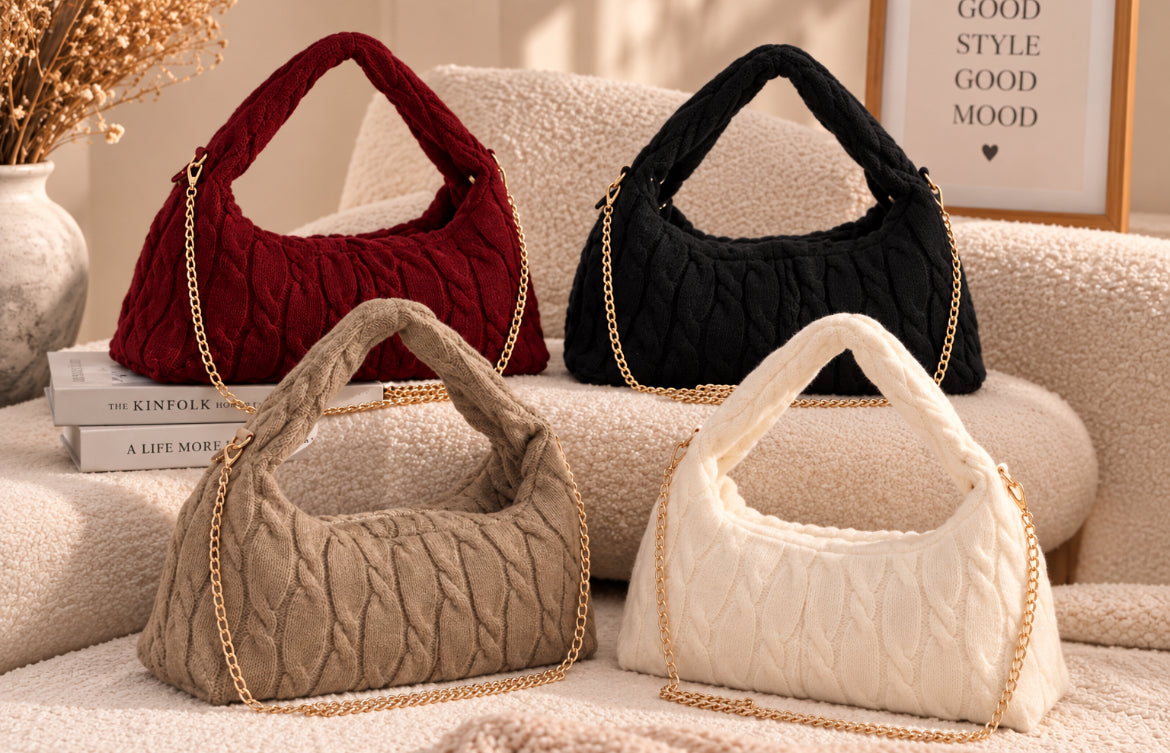 Sac à main effet maille tressée avec chaîne bandoulière – 4 coloris