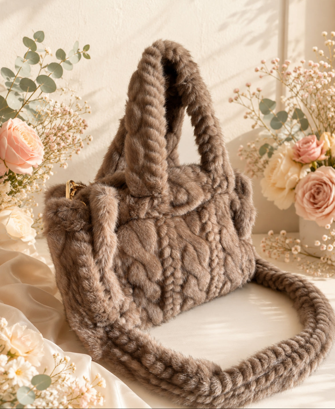Sac Romy femme en fausse fourrure tressée – Bandoulière détachable