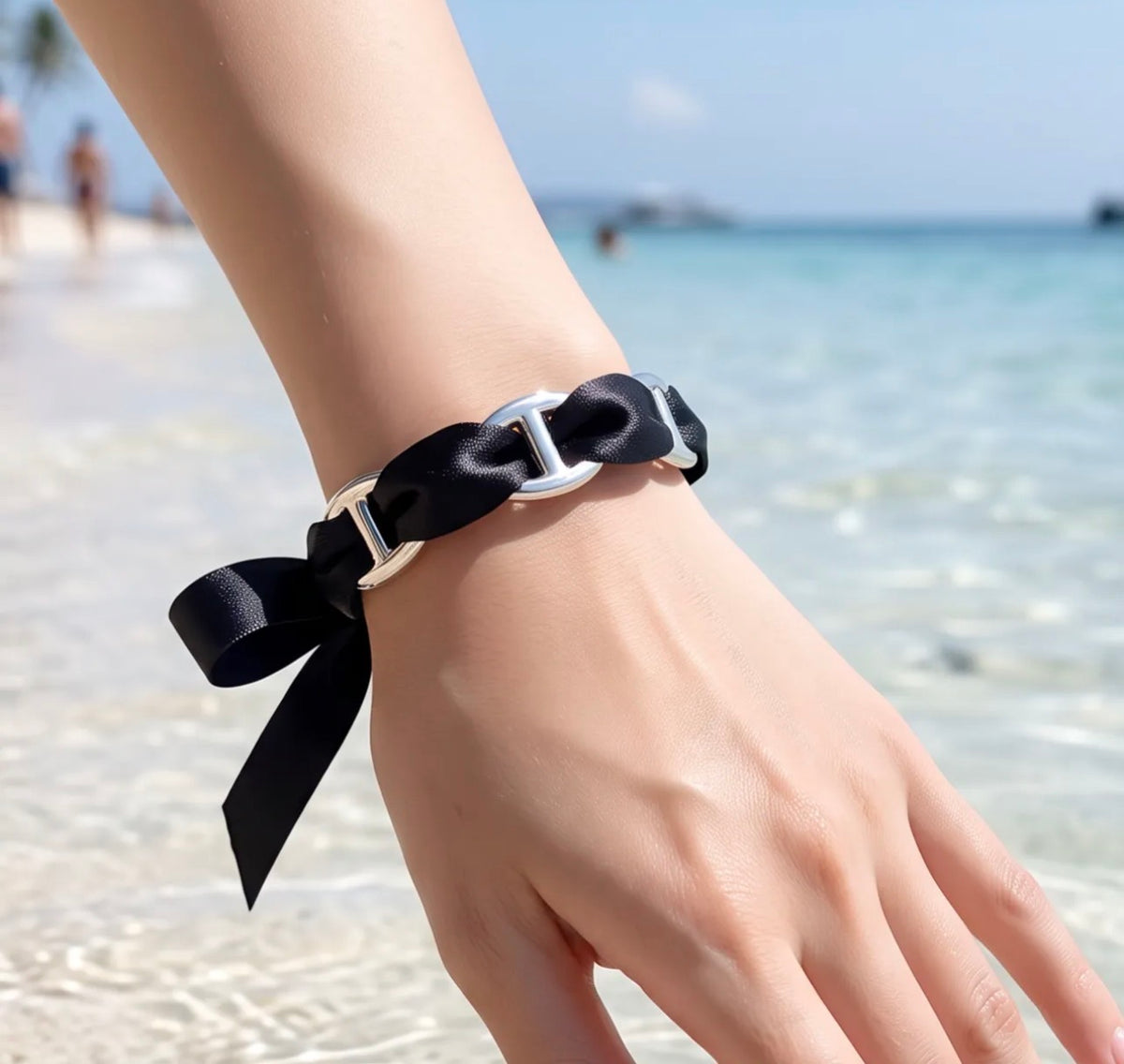Jonc Riviera Argenté – Maille marine & ruban coloré en acier inoxydable