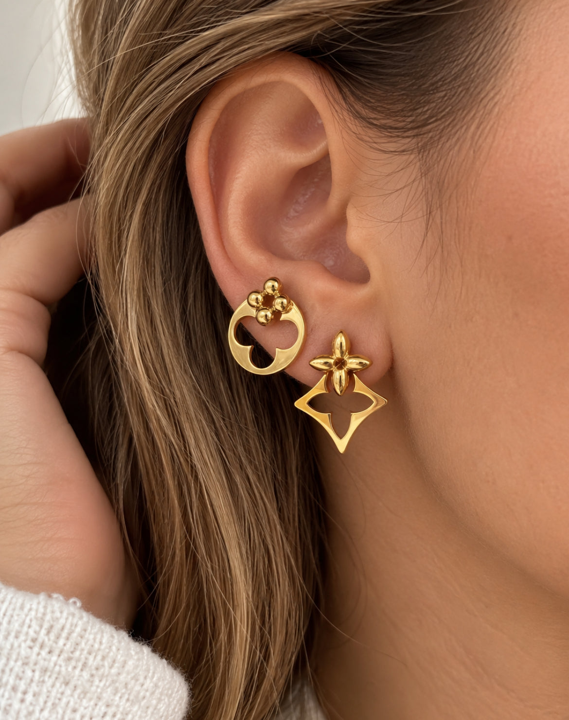 Boucles d’oreilles « Duo Fleur » – Modulables – Acier inoxydable – Doré ou Argenté