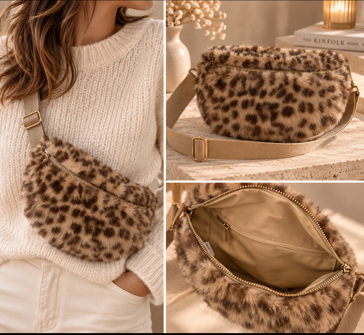 Sac Banane Léopard en fausse fourrure – Bandoulière coton réglable