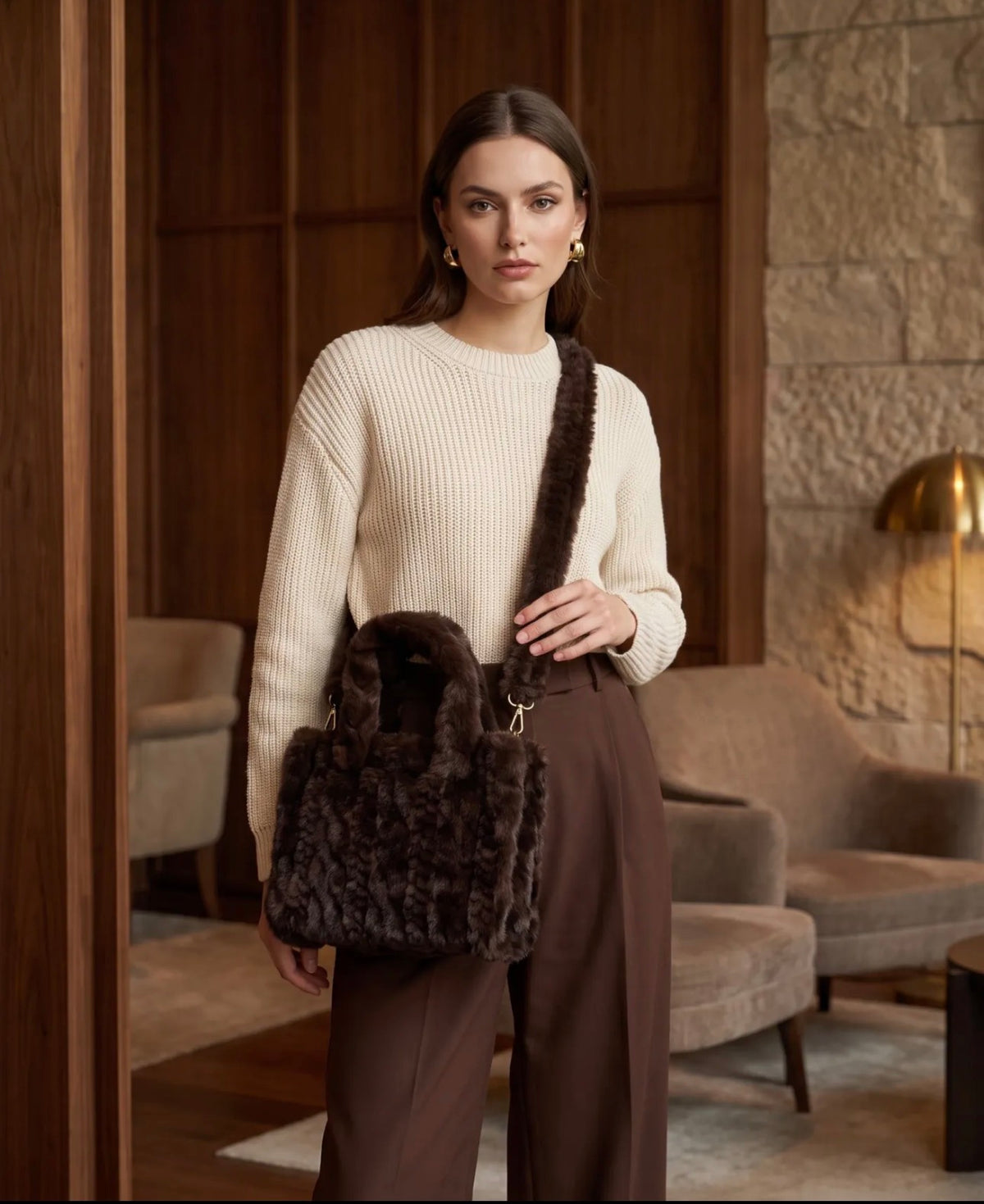 Sac Romy femme en fausse fourrure tressée – Bandoulière détachable