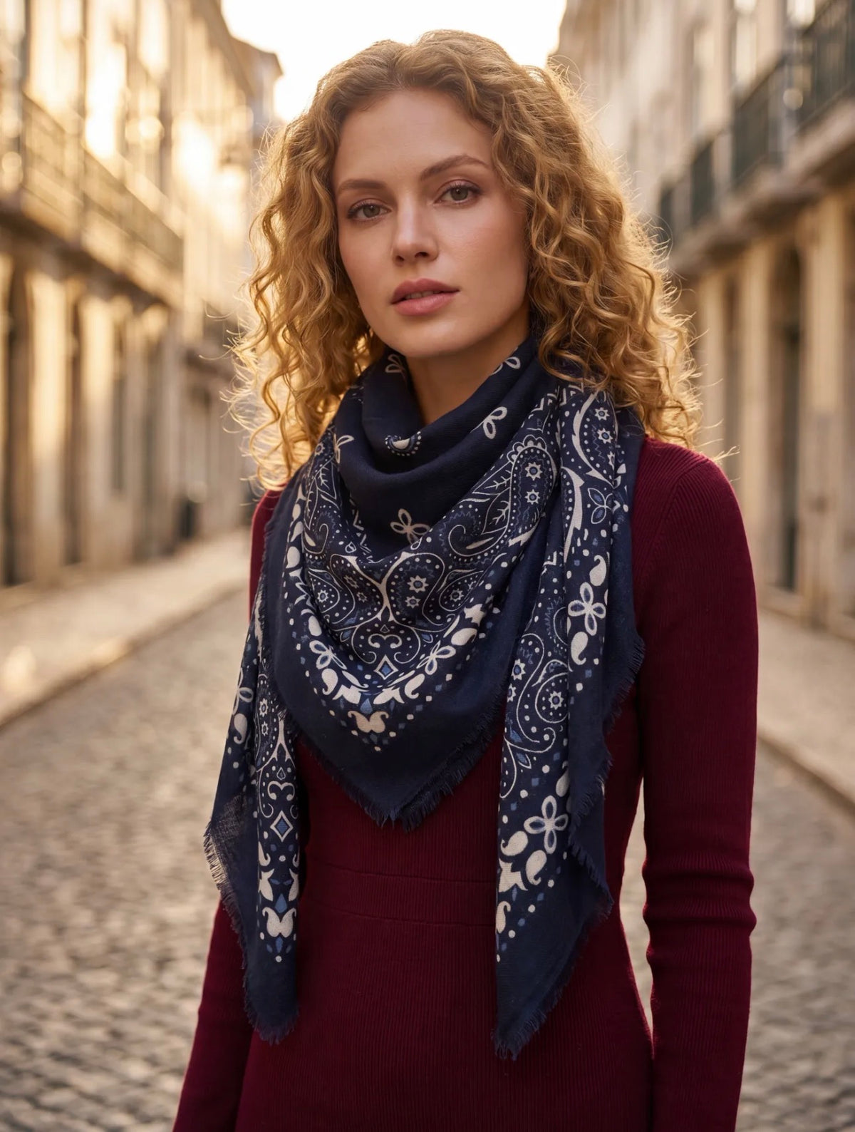 Écharpe Sofia femme motif bandana 110 × 110 cm – Viscose & laine douce