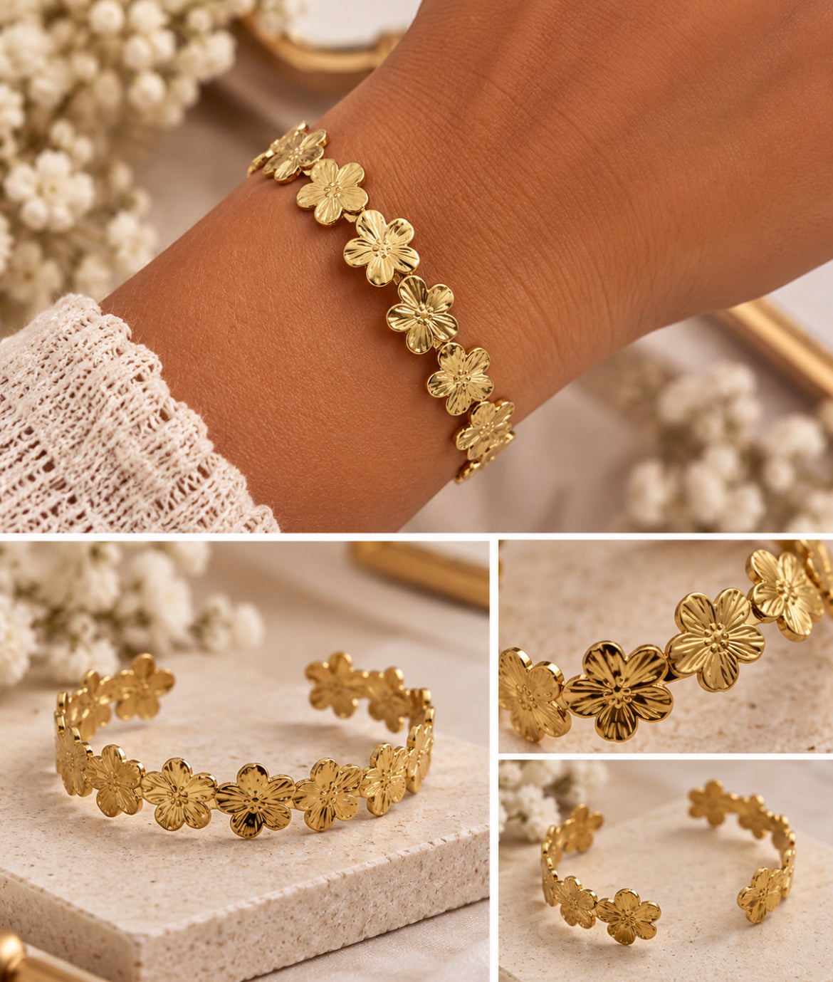 🌸 Bracelet Jonc « Floréa » – Fleurs dorées en acier inoxydable