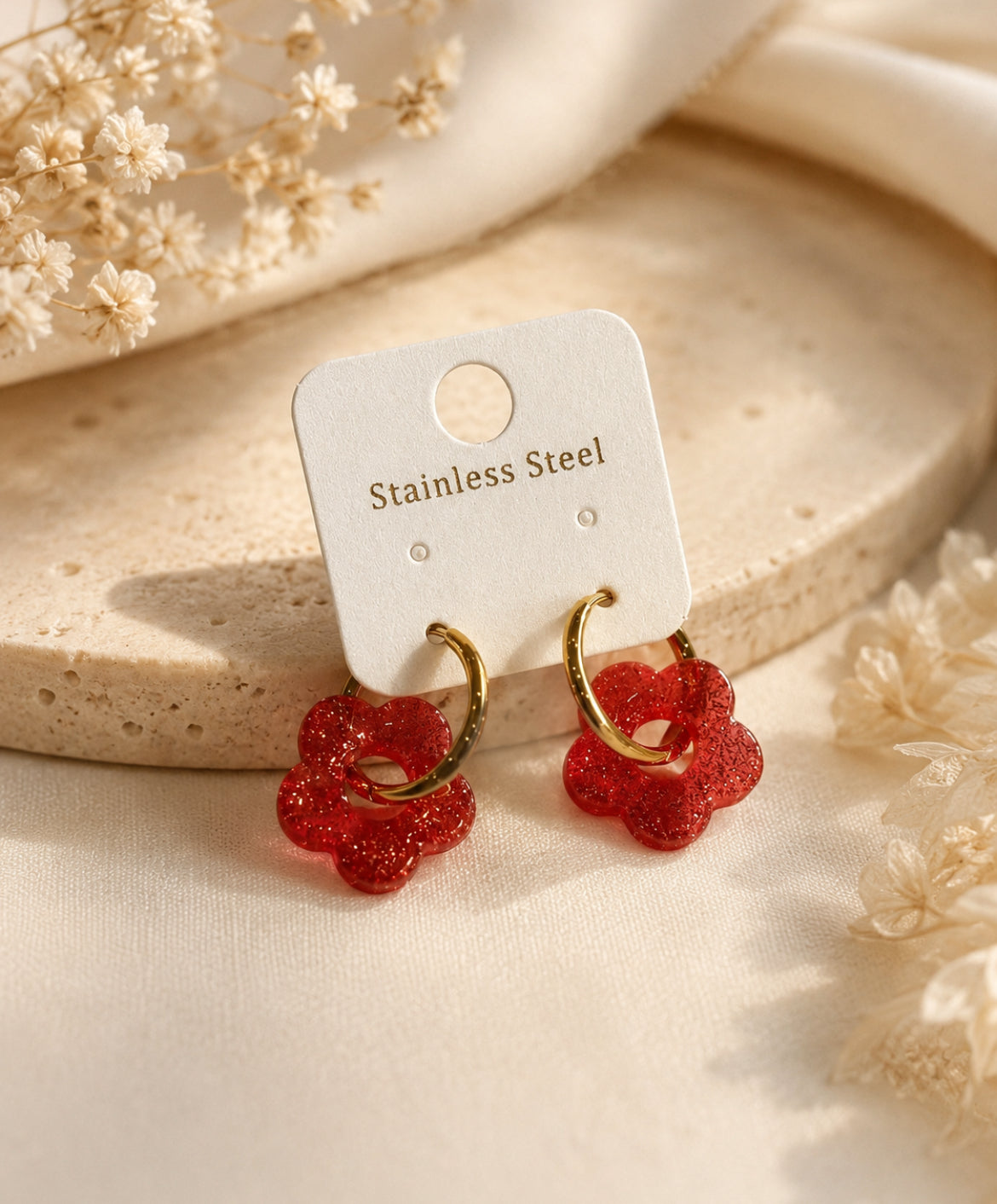 Boucles d’oreilles « Bloom Glitter » – Fleurs pailletées – Acier inoxydable – 18 mm