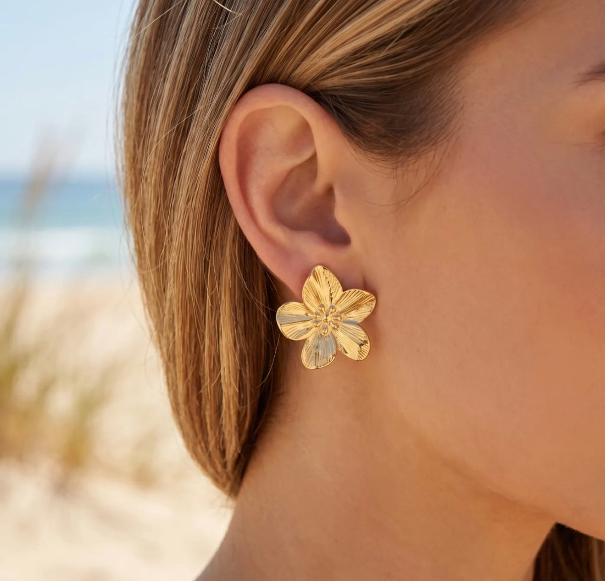 Boucles d’oreilles « Bora Bora » – Fleur 25 mm – Acier inoxydable – Doré ou Argenté