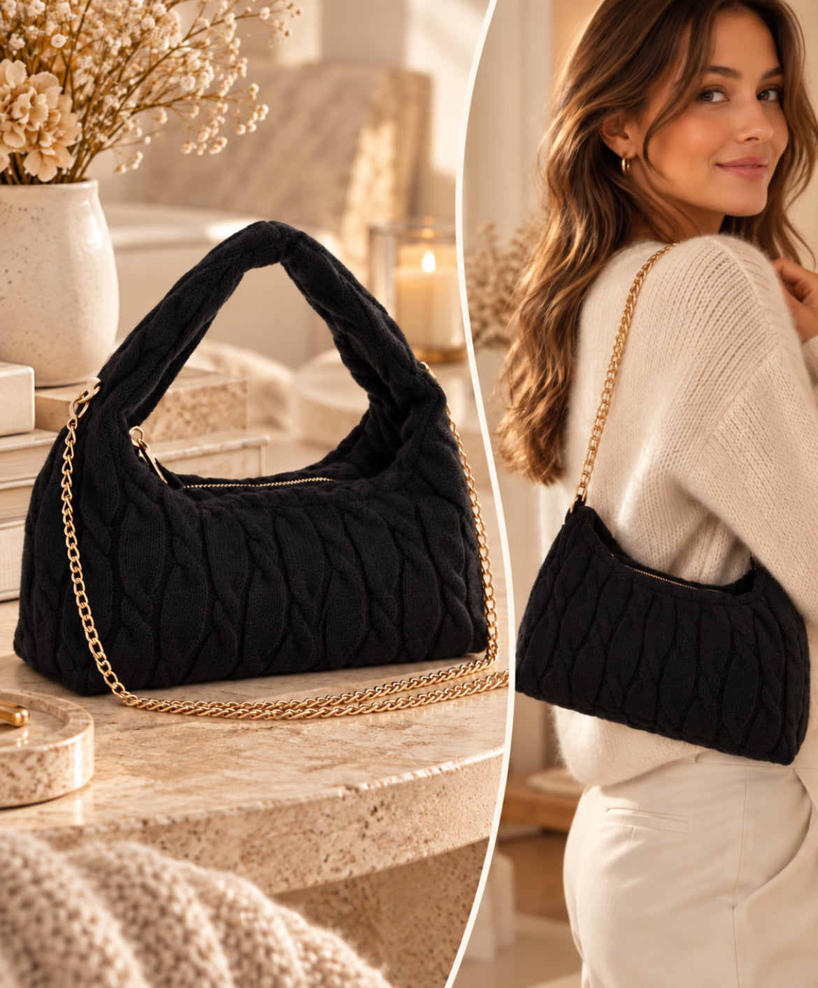 Sac à main effet maille tressée avec chaîne bandoulière – 4 coloris