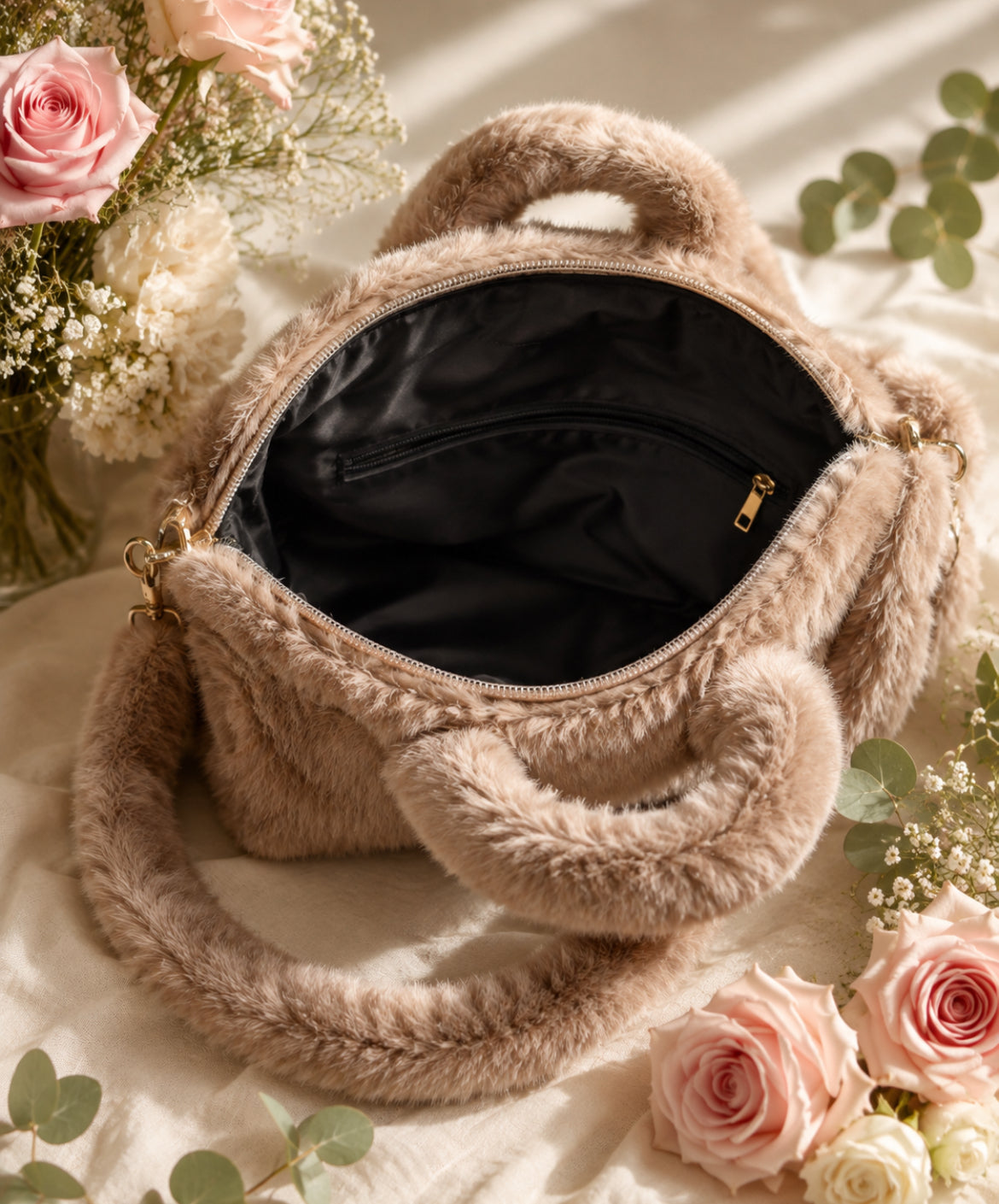 Sac Mila femme en fausse fourrure unie – Bandoulière détachable
