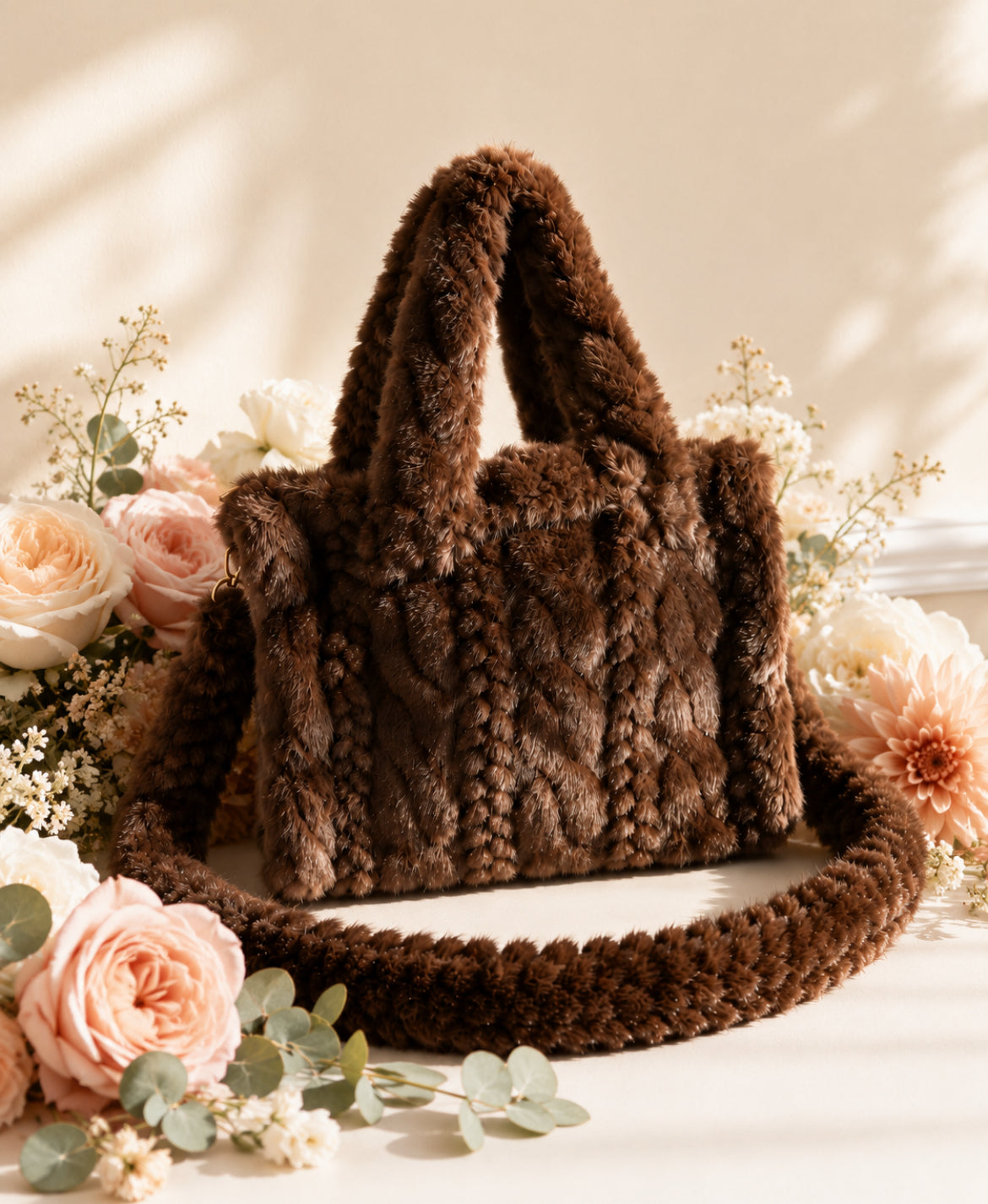 Sac Romy femme en fausse fourrure tressée – Bandoulière détachable