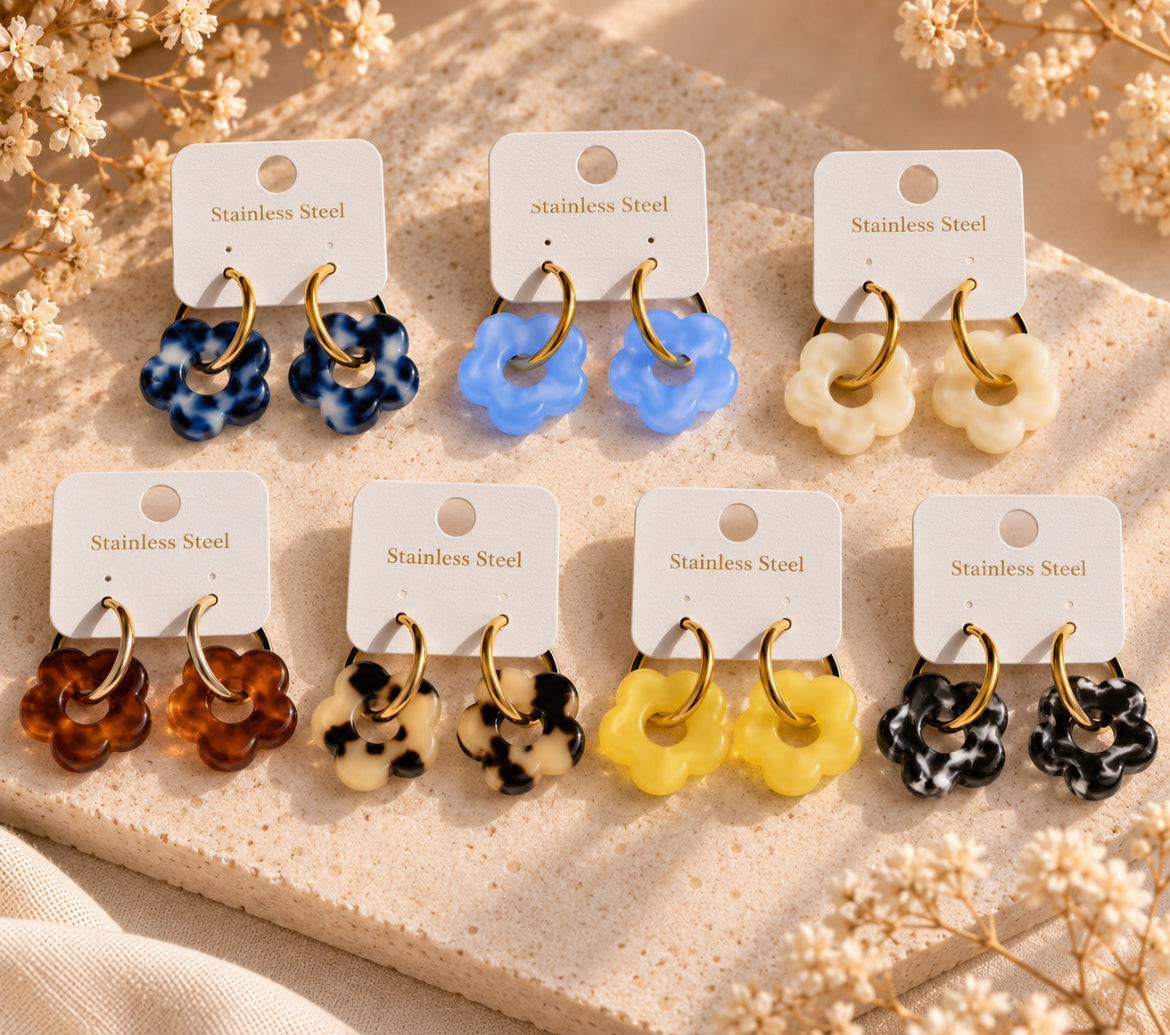 Boucles d’oreilles « Bloom Color » – Fleurs en résine – Acier inoxydable – 18 mm