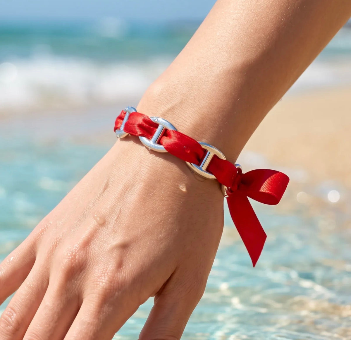 Jonc Riviera Argenté – Maille marine & ruban coloré en acier inoxydable
