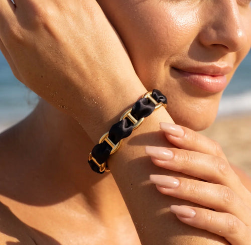 Jonc Riviera Doré – Maille marine & ruban coloré en acier inoxydable