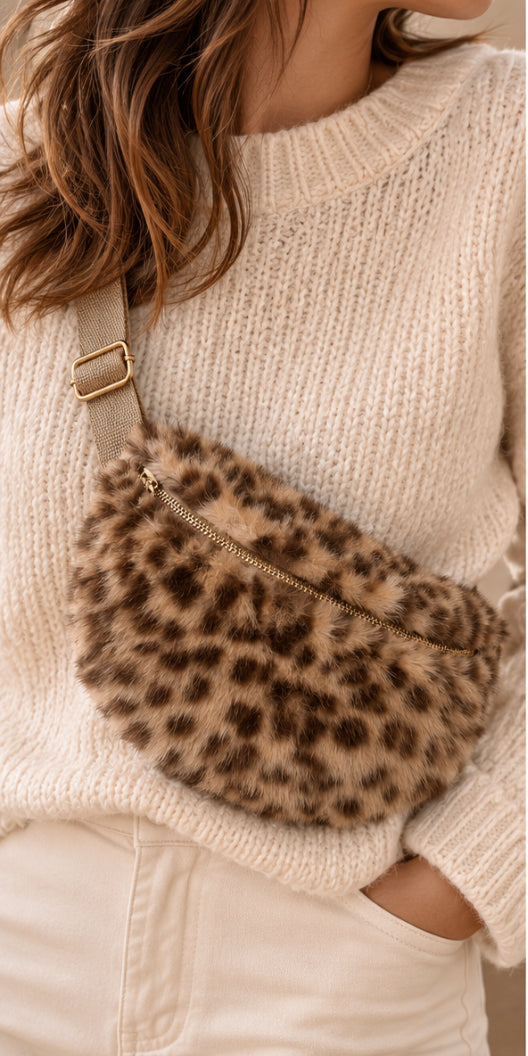 Sac Banane Léopard en fausse fourrure – Bandoulière coton réglable