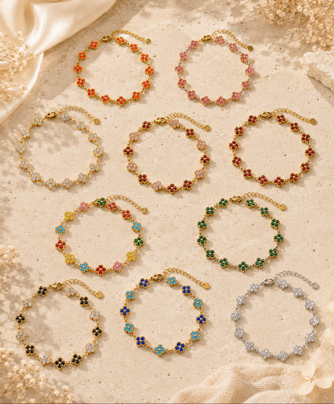 Bracelet « Jardin Précieux » – Fleurs en zirconium – Acier inoxydable – 10 coloris