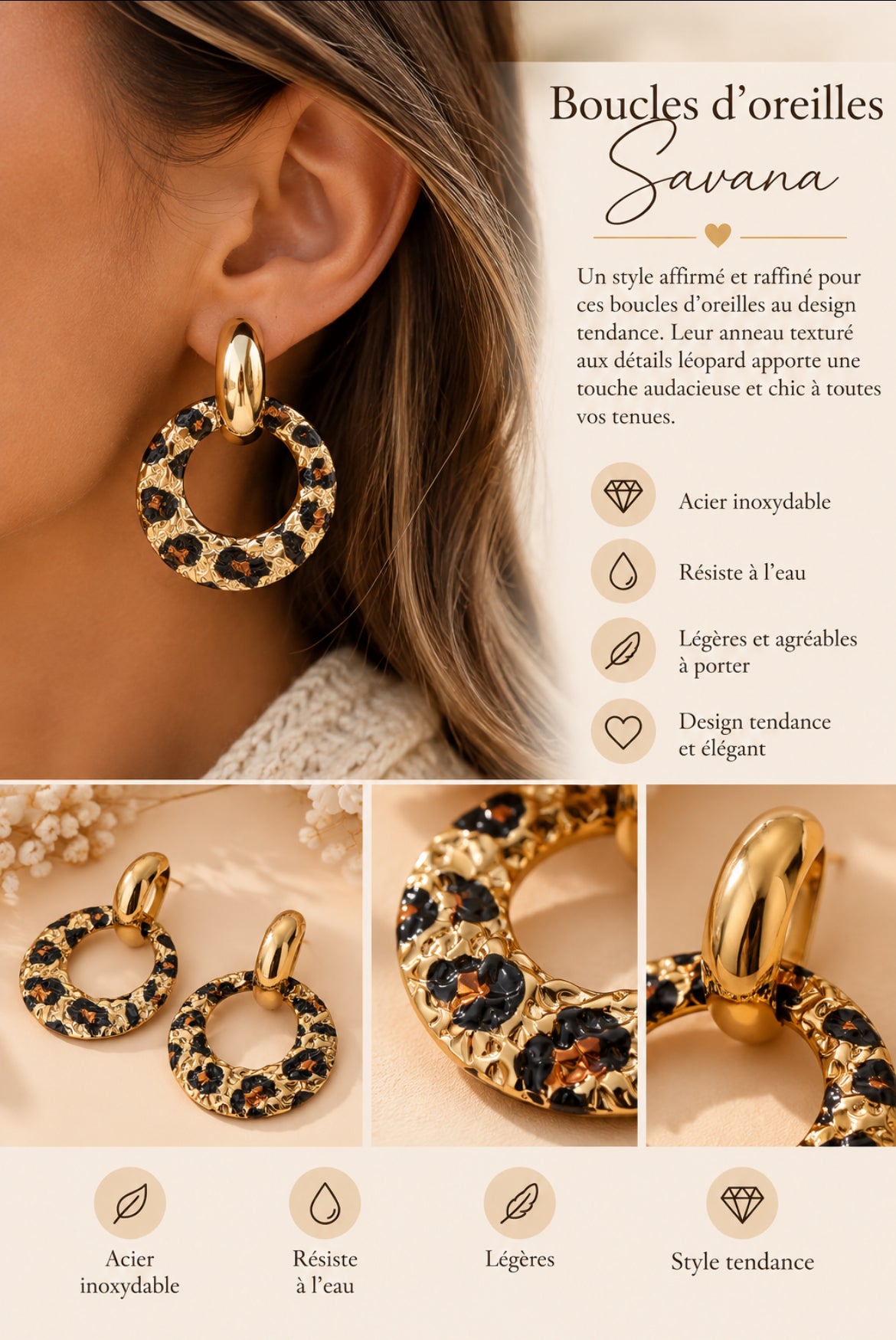 🐆 Boucles d’oreilles « Savanna » – Acier inoxydable